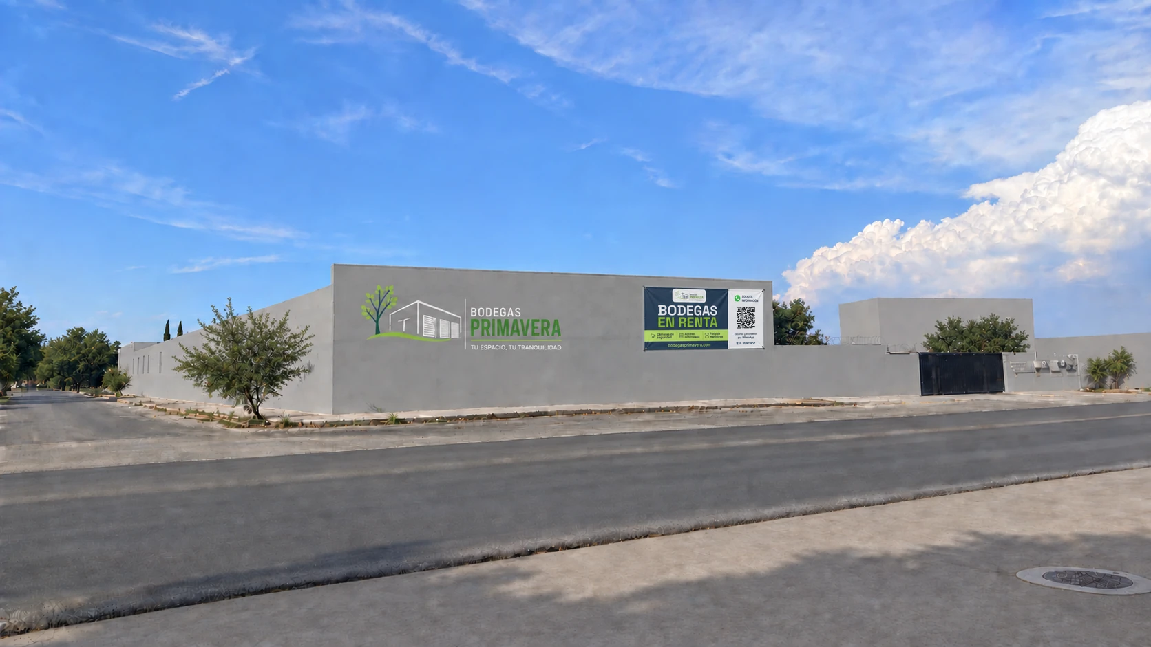Fachada de Bodegas Primavera en Ciudad Victoria, con logotipo, lona de renta y acceso al inmueble