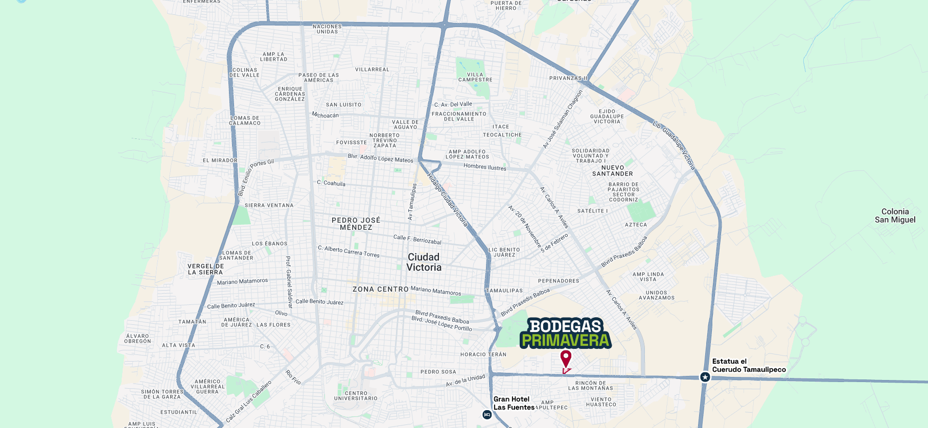Mapa de Ciudad Victoria con la ubicación de Bodegas Primavera señalada sobre Avenida de la Unidad.